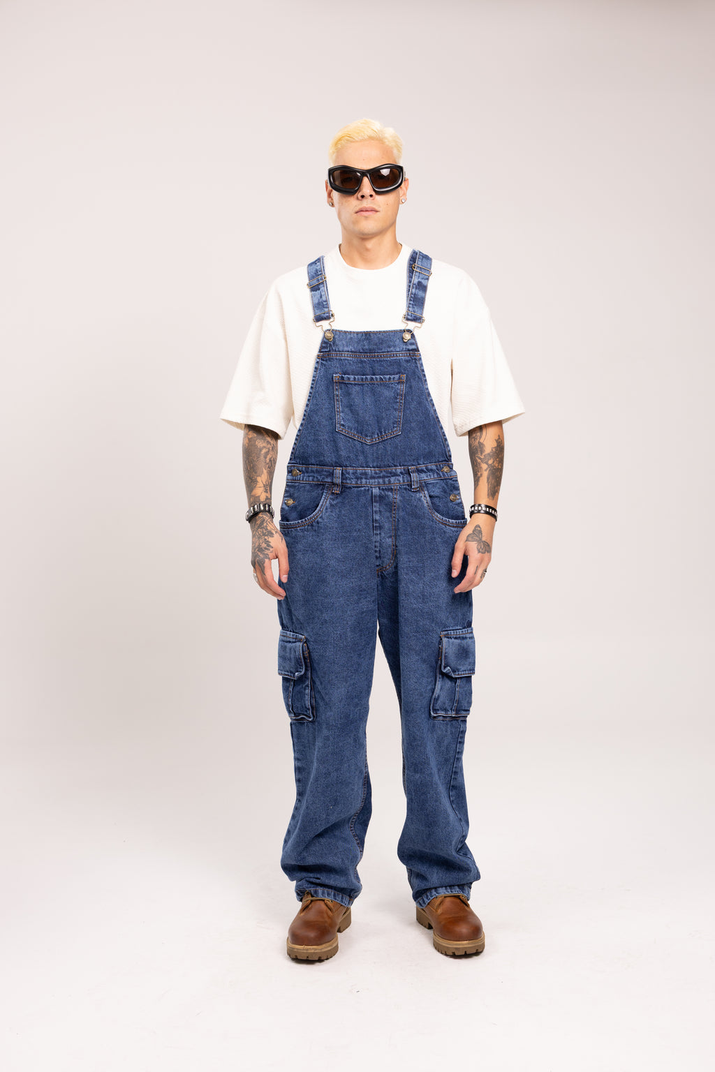 Overol Denim Cargo Baggy para Hombre - Enterizo de Mezclilla Azul Medio Utilitario Workwear Estilo Streetwear