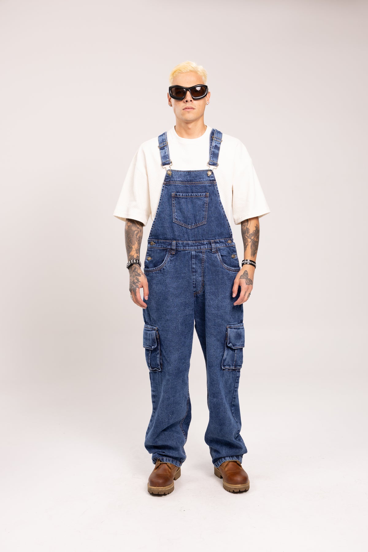 Overol Denim Cargo Baggy para Hombre - Enterizo de Mezclilla Azul Medio Utilitario Workwear Estilo Streetwear