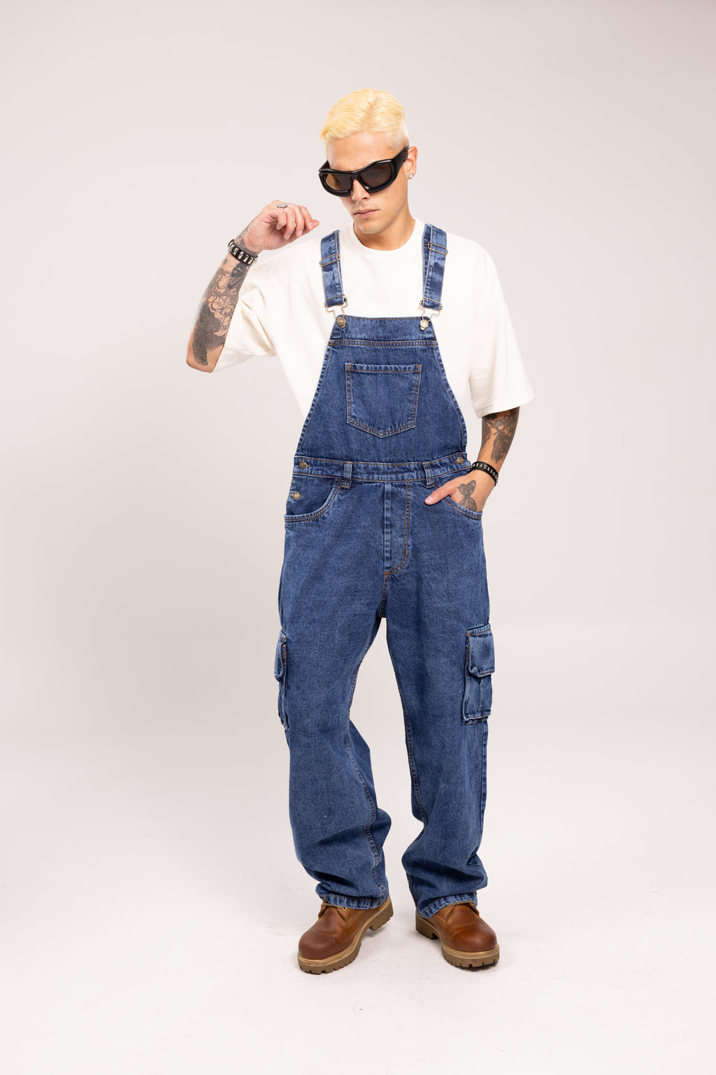 Overol Denim Cargo Baggy para Hombre - Enterizo de Mezclilla Azul Medio Utilitario Workwear Estilo Streetwear