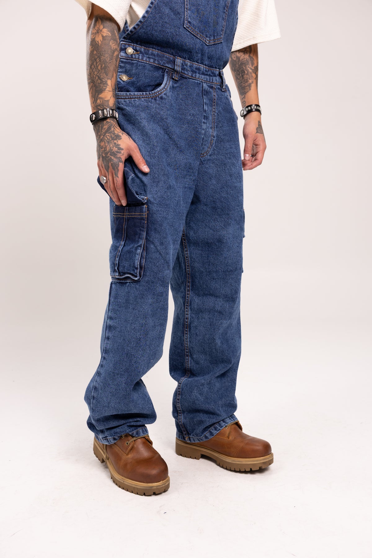 Overol Denim Cargo Baggy para Hombre - Enterizo de Mezclilla Azul Medio Utilitario Workwear Estilo Streetwear