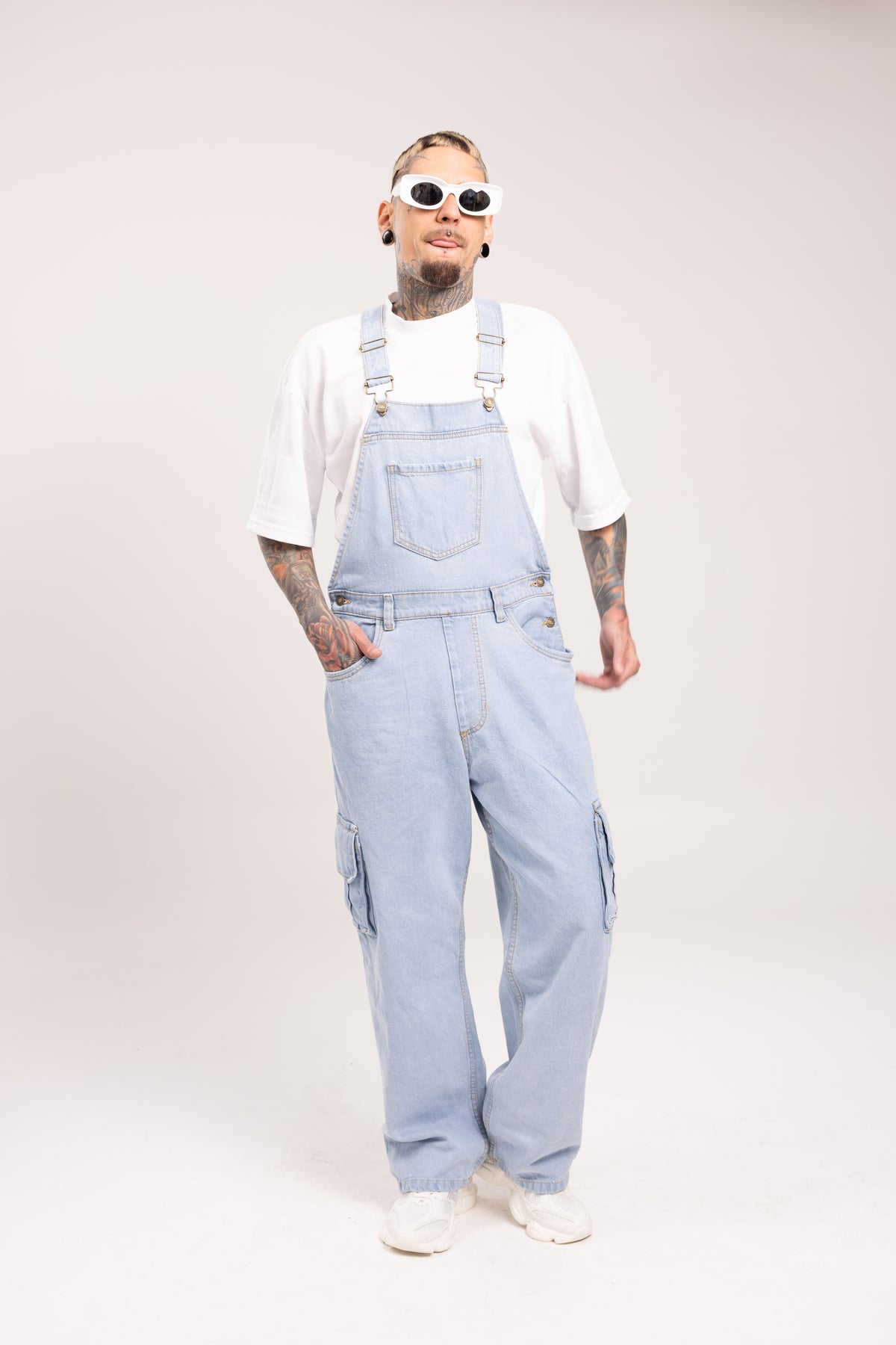 Overol Denim Cargo Baggy para Hombre - Enterizo de Mezclilla Azul Medio Utilitario Workwear Estilo Streetwear