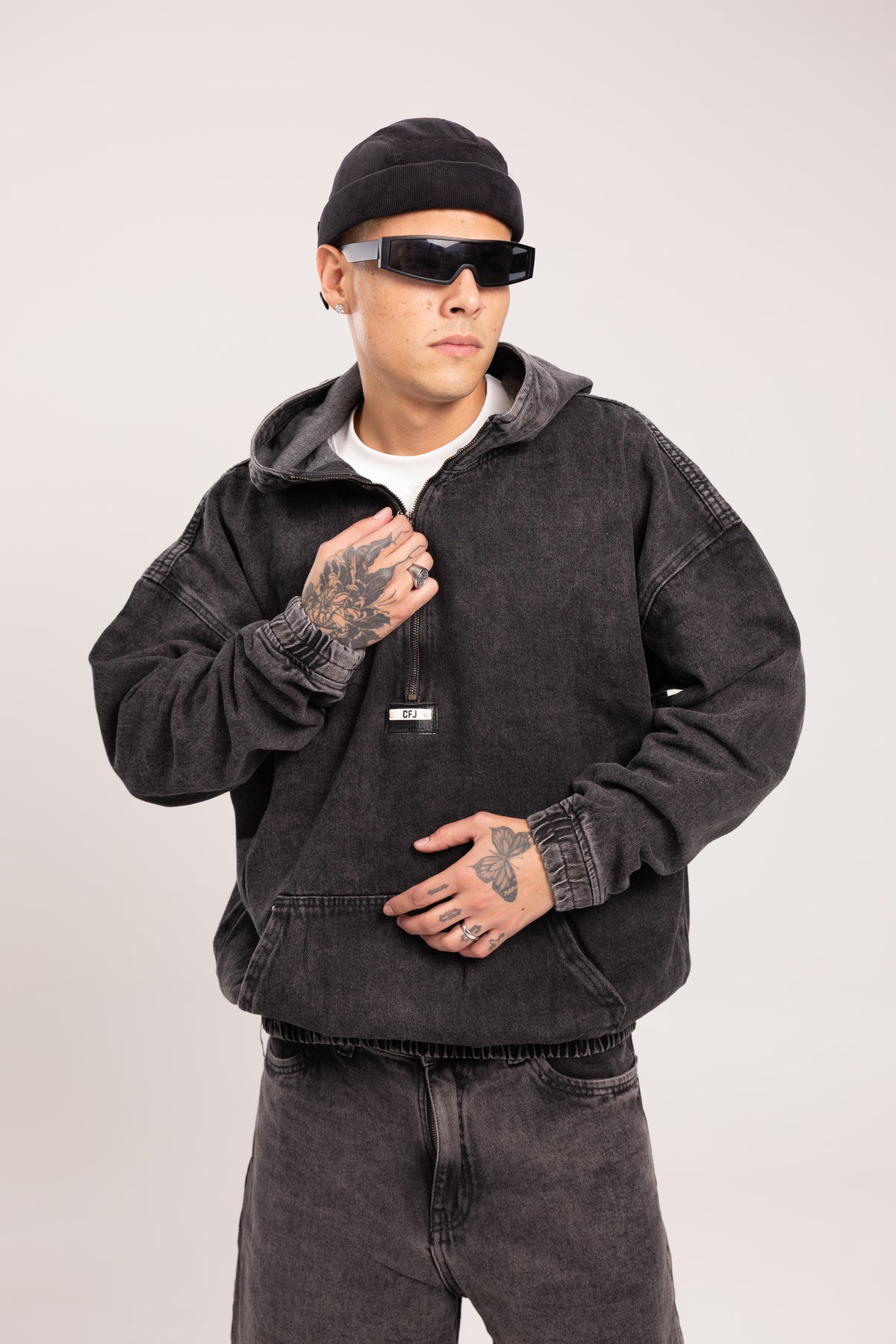 Hoodie Denim Lavado para Hombre - Buzo Anorak de Mezclilla Oversize Acid Wash con Media Cremallera