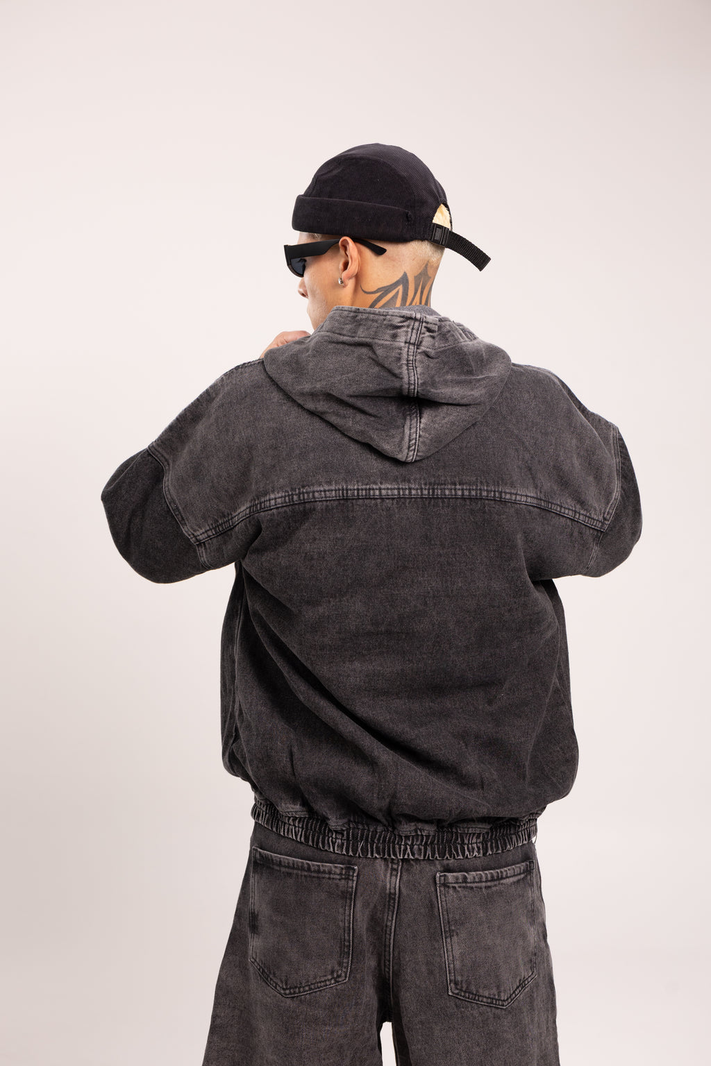 Hoodie Denim Lavado para Hombre - Buzo Anorak de Mezclilla Oversize Acid Wash con Media Cremallera
