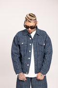 Chaqueta Muisca para Hombre - Cazadora de Mezclilla Oversize Azul con Patrón Monograma Geométrico