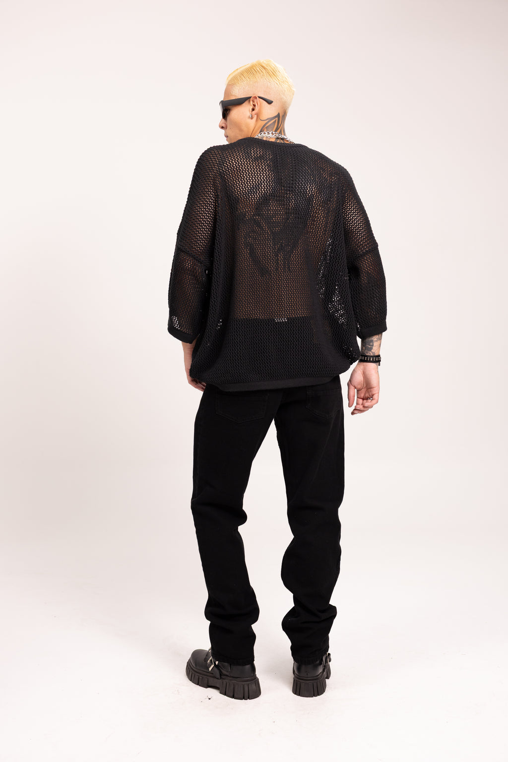 Buzo en Malla Calada Oversize para Hombre - Suéter Tejido Mesh Abierto Manga Larga Boxy Estilo Darkwear Archive Streetwear