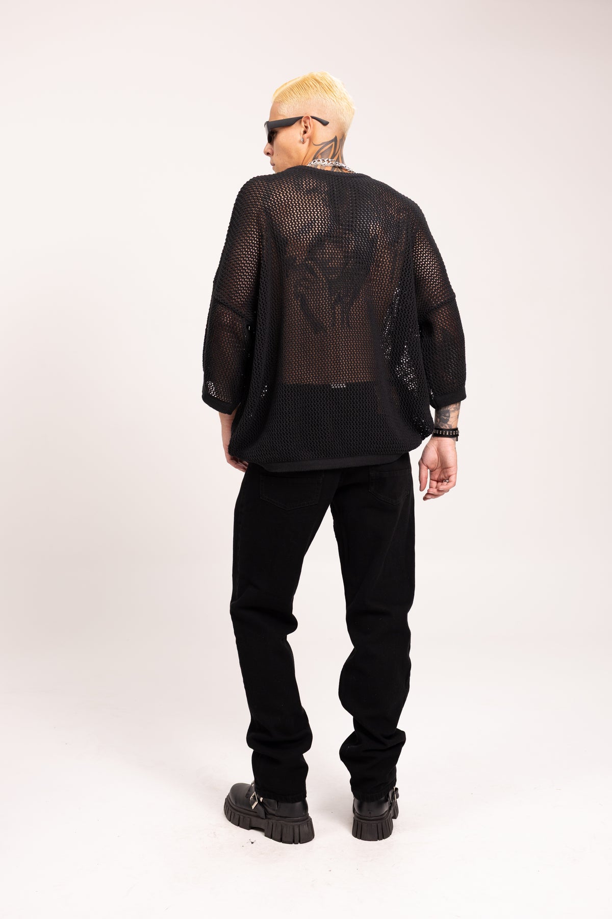 Buzo en Malla Calada Oversize para Hombre - Suéter Tejido Mesh Abierto Manga Larga Boxy Estilo Darkwear Archive Streetwear