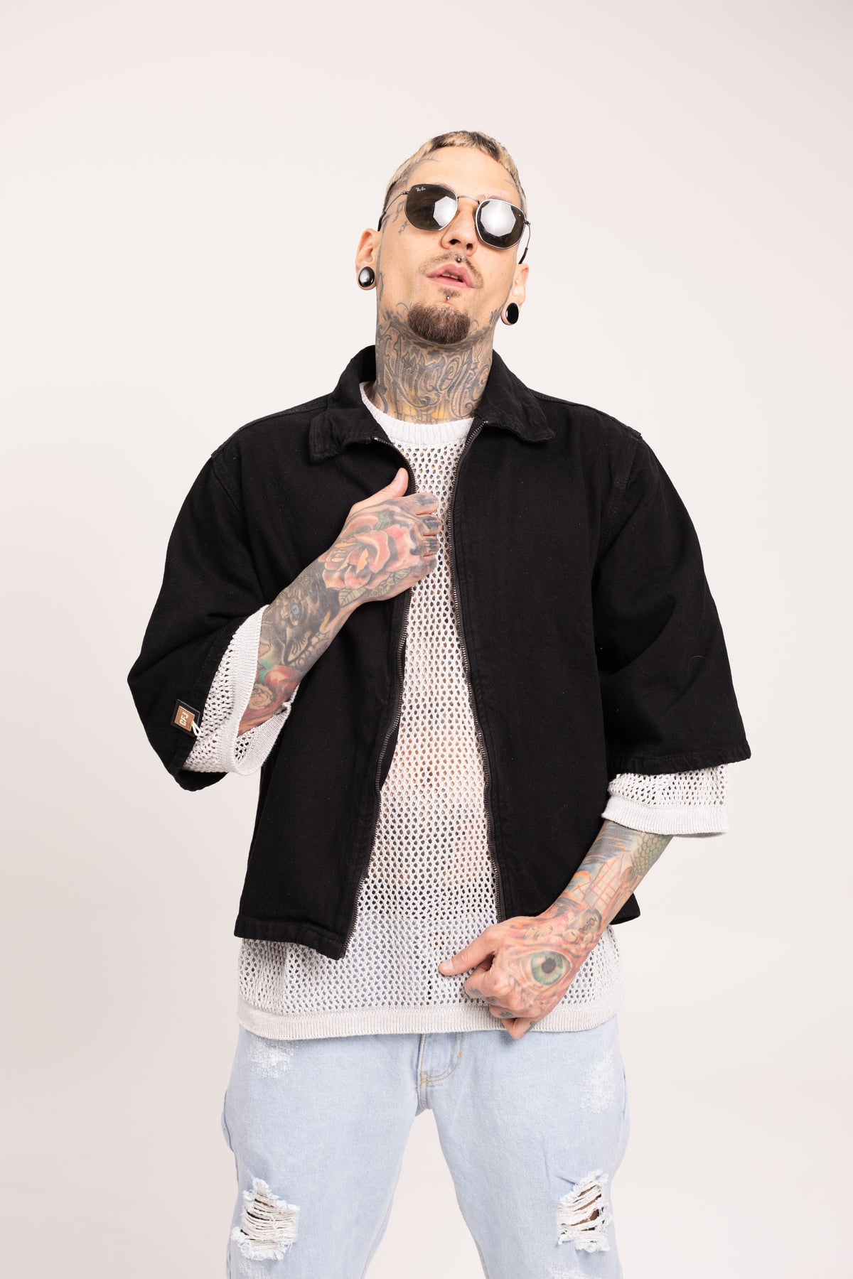 Camisa Boxy Fit Manga 3/4 para Hombre - Camisa Negra Lavada con Cremallera Estilo Streetwear