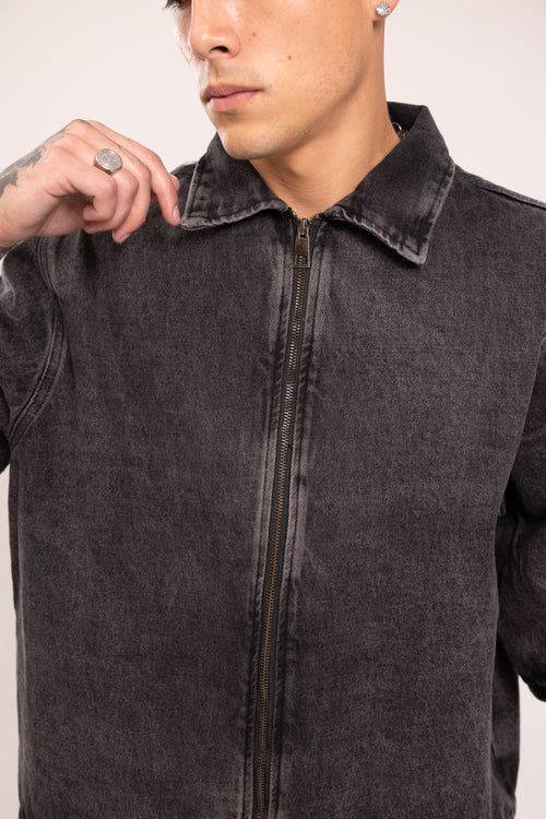 Camisa Boxy Fit Manga 3/4 para Hombre - Camisa Negra Lavada con Cremallera Estilo Streetwear