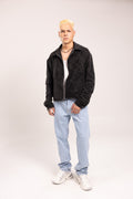 Chaqueta Negra en Gamuza Boxy Fit para Hombre - Chaqueta Harrington de Gamuza con Cremallera y Cuello Camisero Estilo Streetwear de Autor