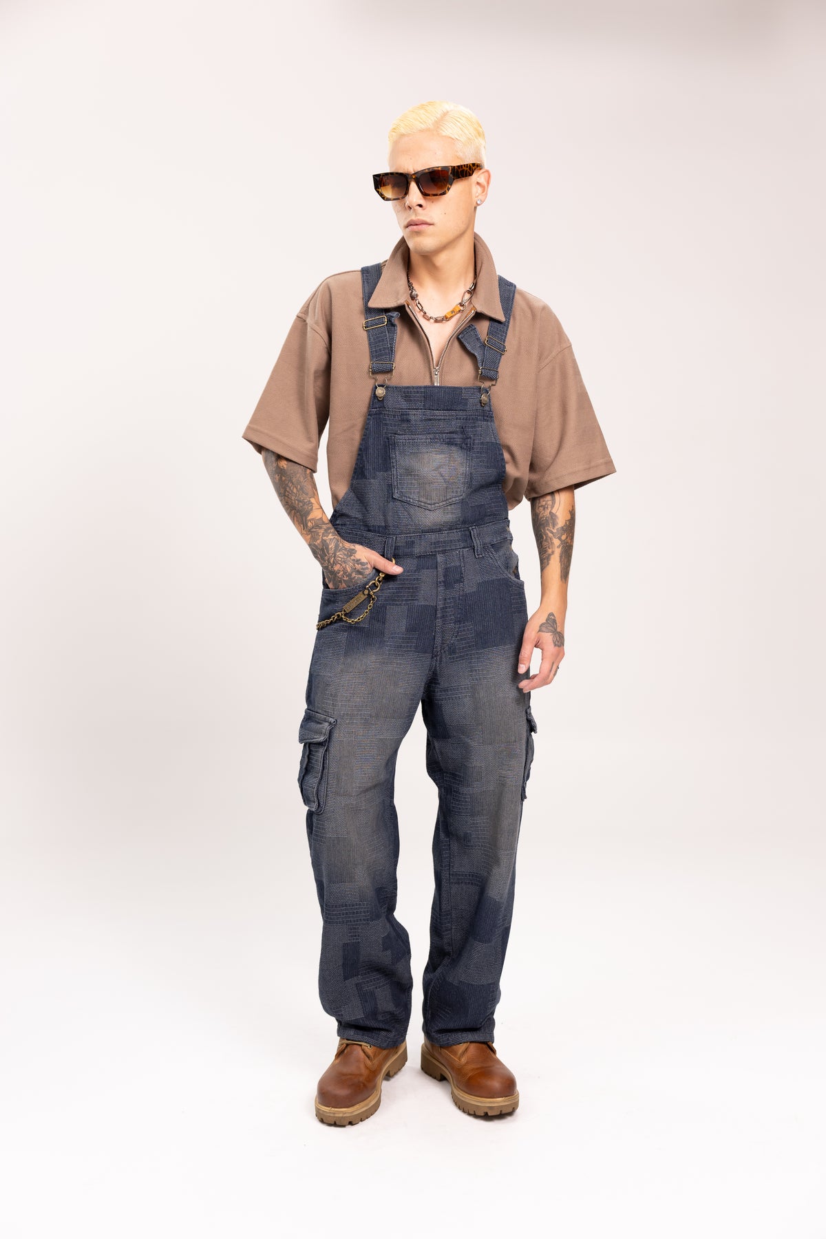 Overol Denim Cargo Jacquard Azul para Hombre - Enterizo Baggy Texturizado con Bolsillos Utilitarios Estilo Streetwear de Autor
