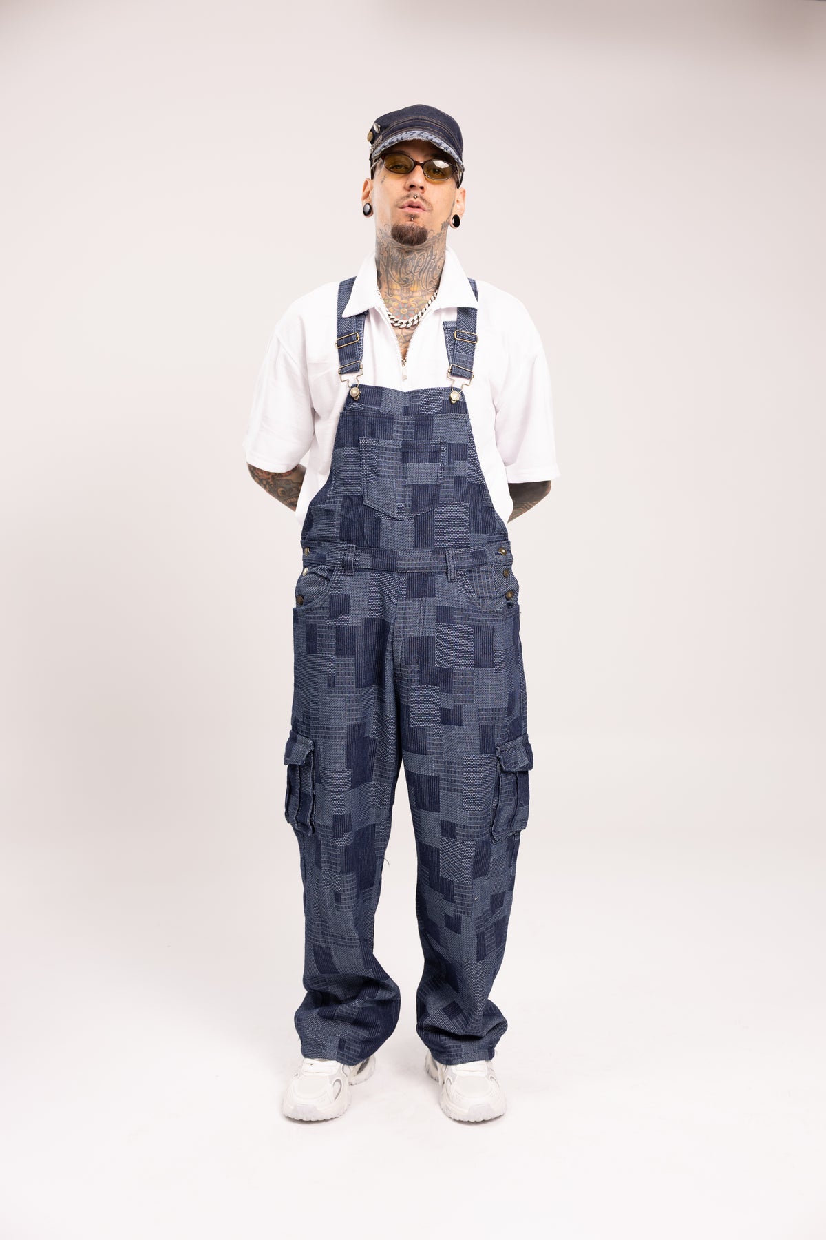 Overol Denim Cargo Jacquard Azul para Hombre - Enterizo Baggy Texturizado con Bolsillos Utilitarios Estilo Streetwear de Autor