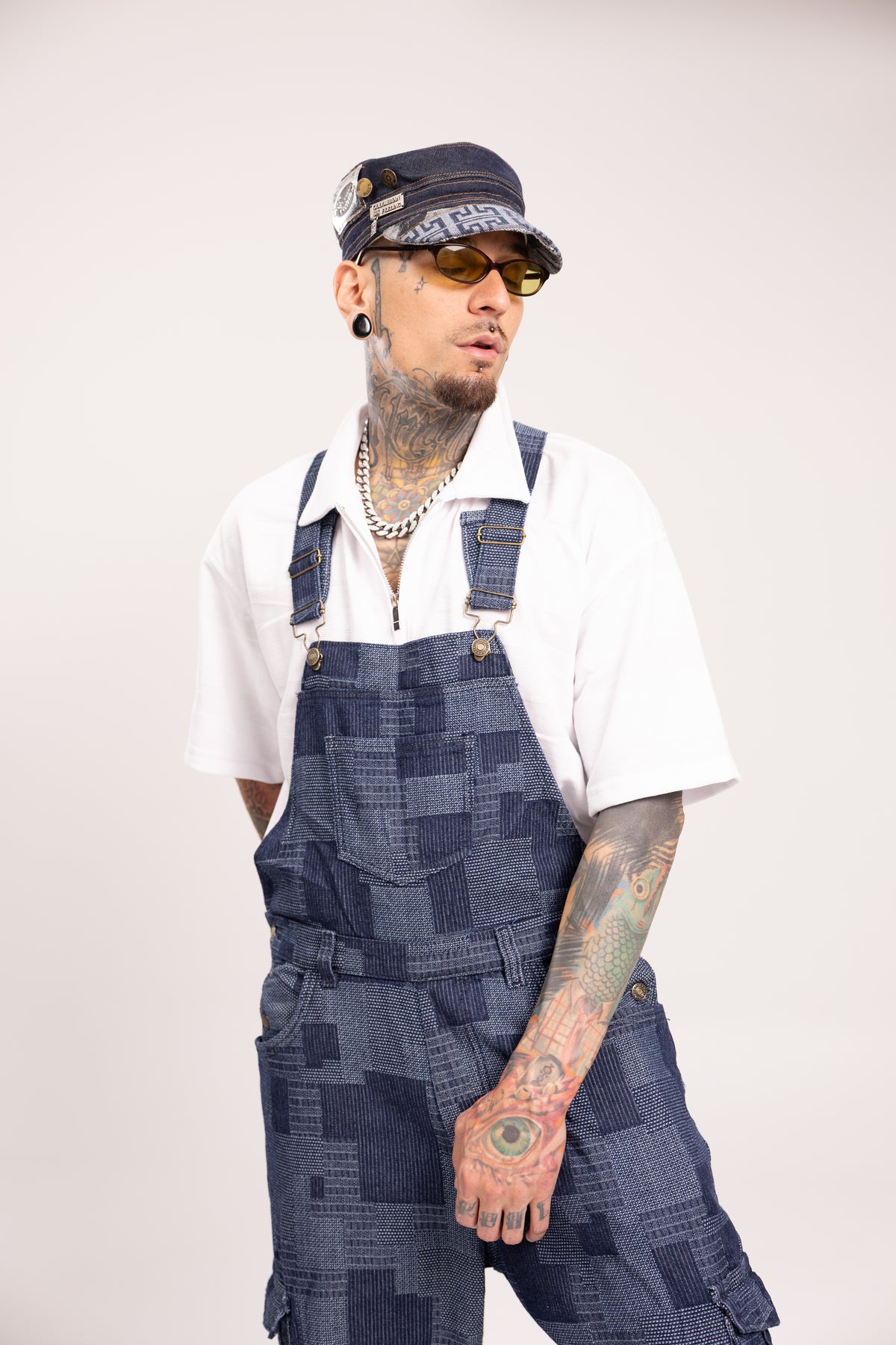 Overol Denim Cargo Jacquard Azul para Hombre - Enterizo Baggy Texturizado con Bolsillos Utilitarios Estilo Streetwear de Autor