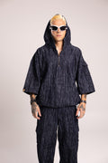 Hoodie Jacquard Azul Oscuro para Hombre - Buzo Anorak de Mezclilla Oversize Patrón Digital con Capucha y Media Cremallera