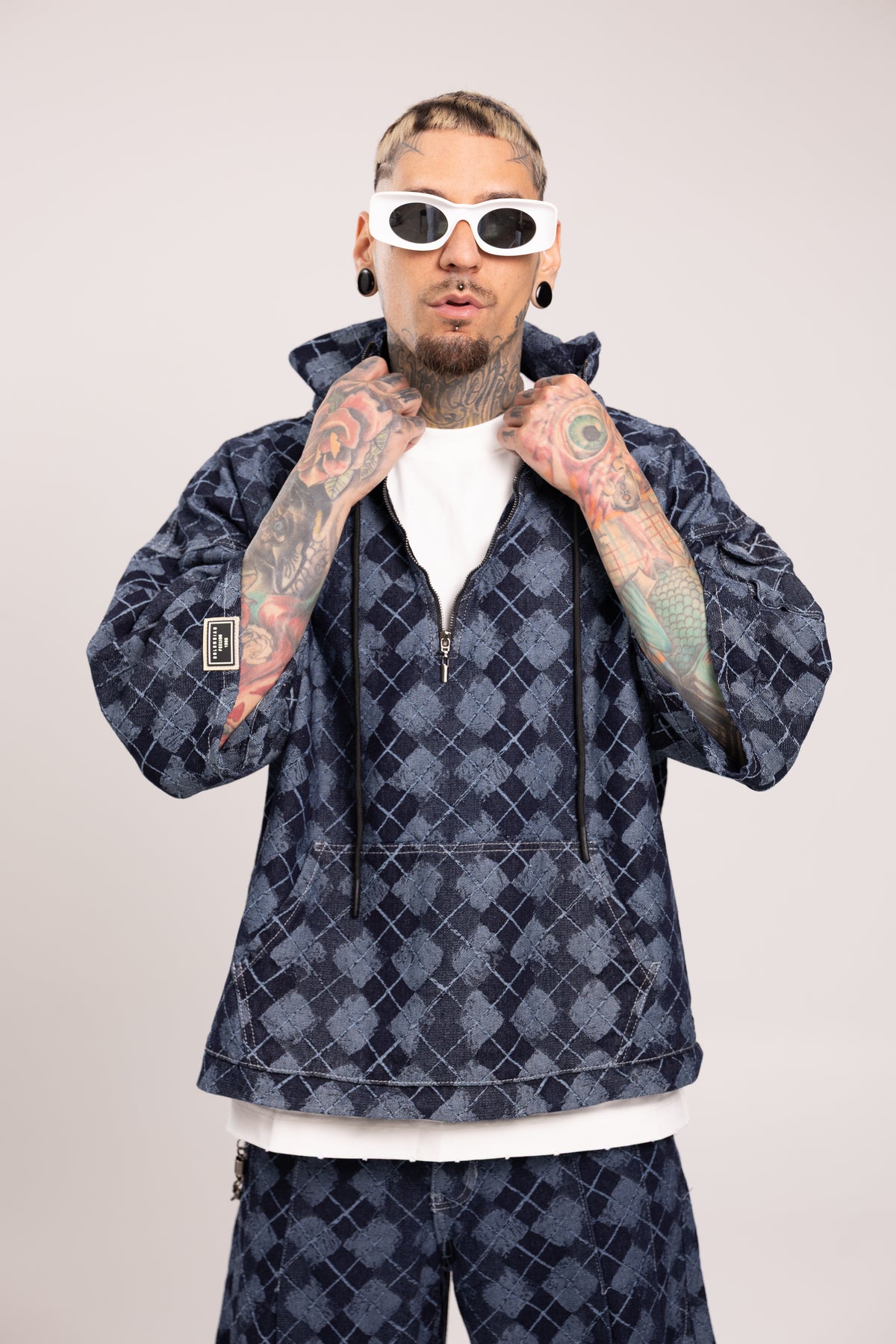 Hoodie Jacquard Singapur para Hombre - Buzo de Mezclilla con Capucha y Media Cremallera Patrón Rombos