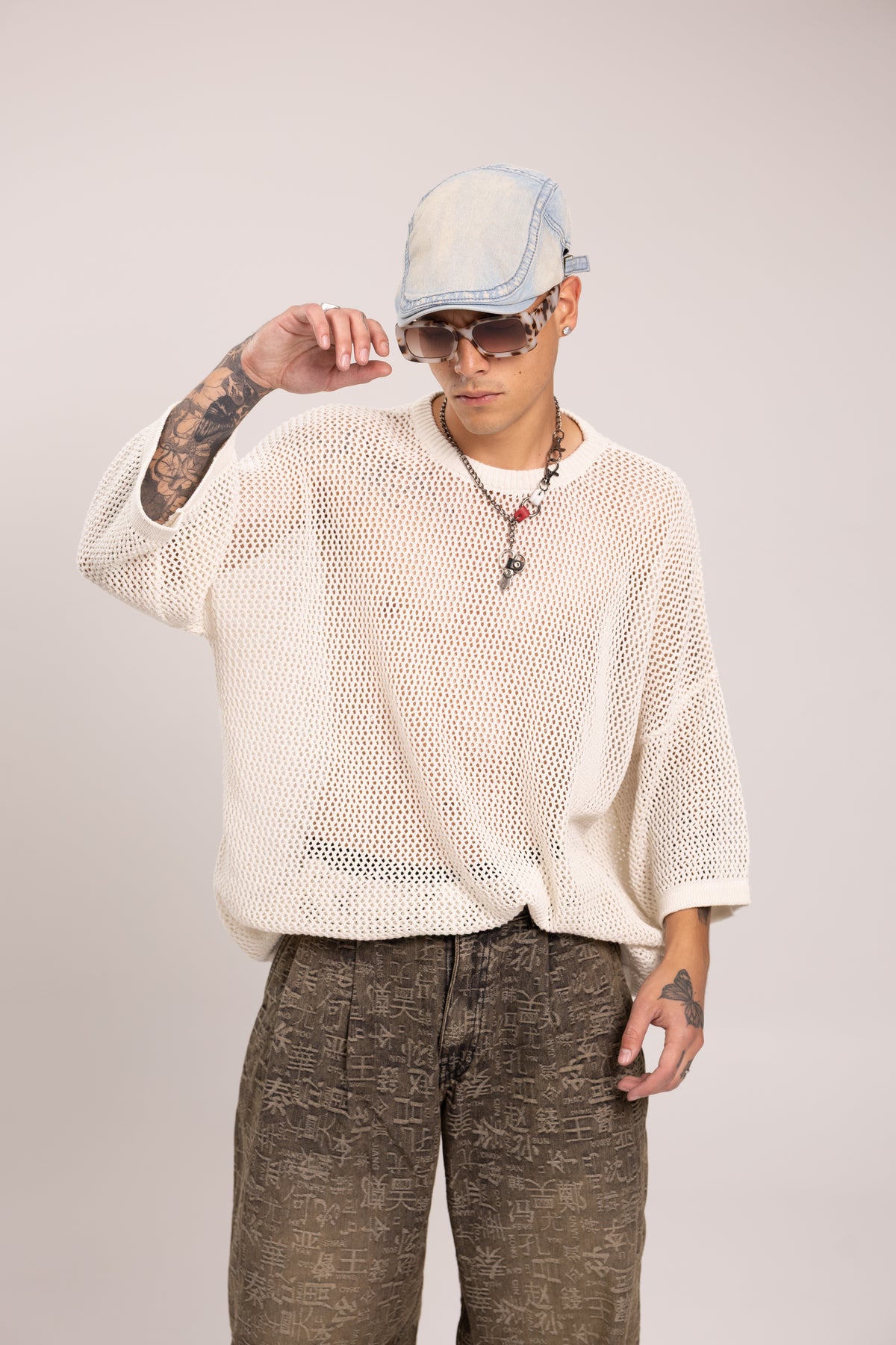 Buzo en Malla Calada Oversize para Hombre - Suéter Tejido Mesh Abierto Manga Larga Boxy Estilo Darkwear Archive Streetwear