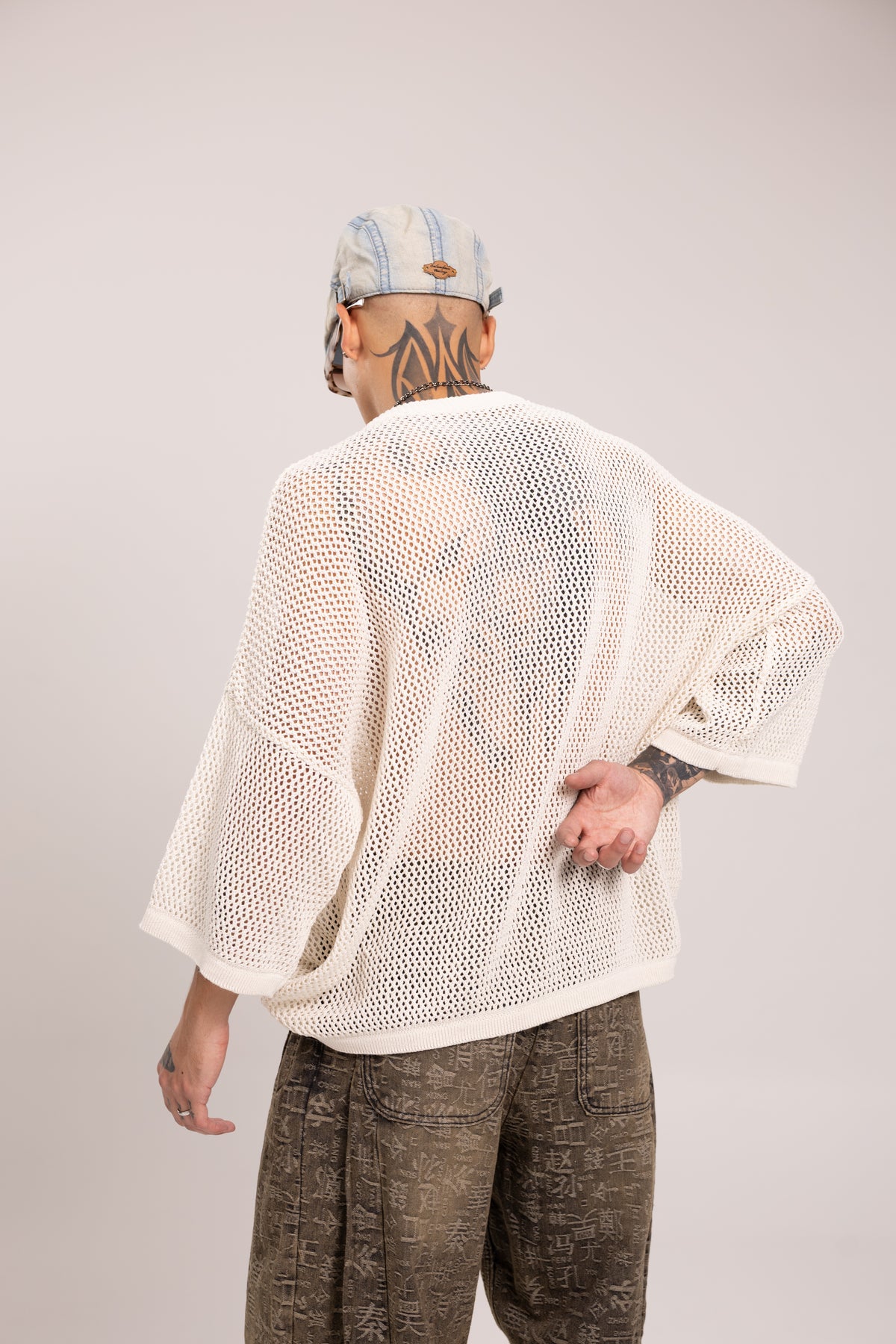 Buzo en Malla Calada Oversize para Hombre - Suéter Tejido Mesh Abierto Manga Larga Boxy Estilo Darkwear Archive Streetwear