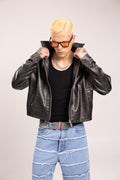 Chaqueta Negra en Cuero Sintético Brillante Boxy Fit para Hombre - Chaqueta Harrington Efecto Cuero Encerado Estilo Darkwear Cyberpunk Streetwear