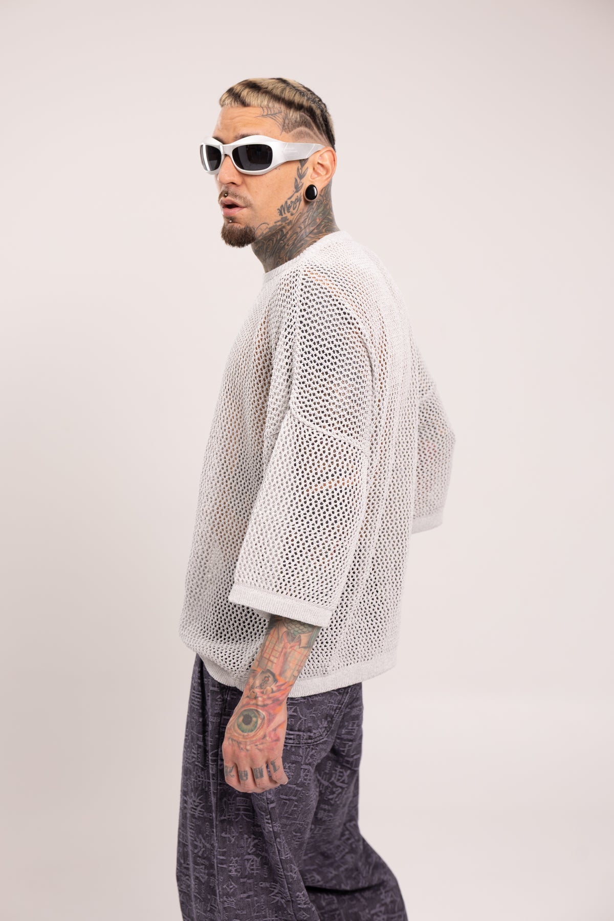 Buzo en Malla Calada Oversize para Hombre - Suéter Tejido Mesh Abierto Manga Larga Boxy Estilo Darkwear Archive Streetwear