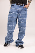 Jean Trendy Fit Azul Claro con Flecos Horizontales Deshilachados para Hombre - Pantalón Denim Panelado Raw Hem Estilo Archive Streetwear