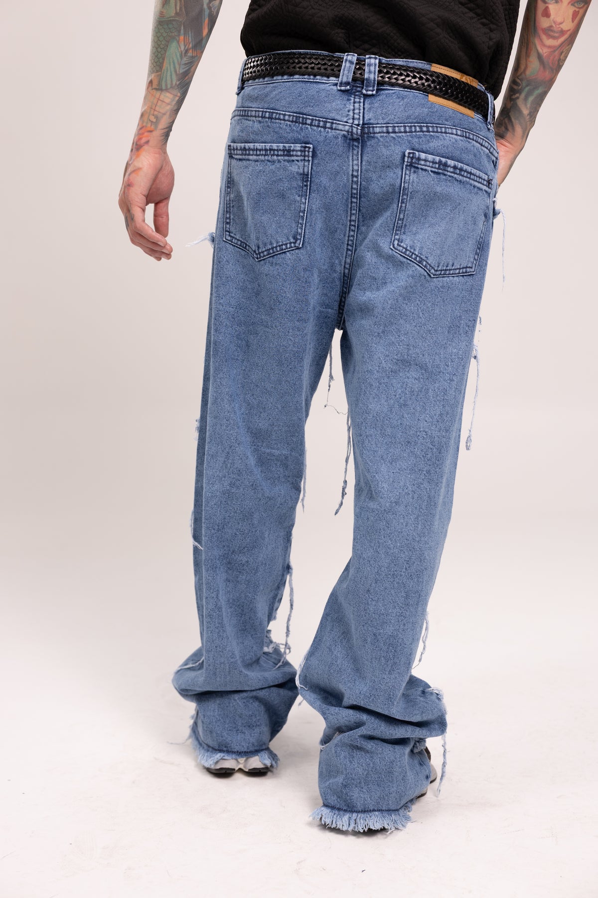 Jean Trendy Fit Azul Claro con Flecos Horizontales Deshilachados para Hombre - Pantalón Denim Panelado Raw Hem Estilo Archive Streetwear