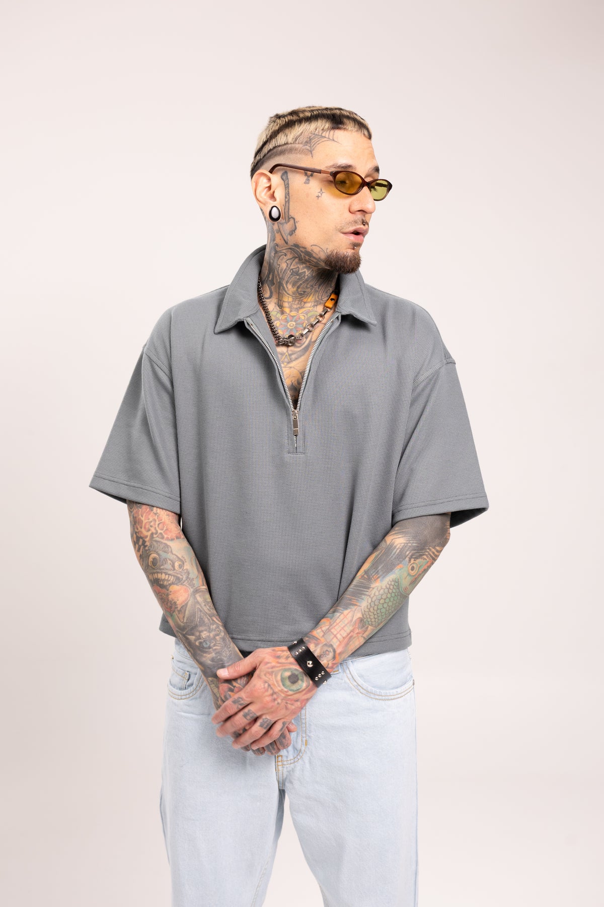Camiseta Polo Boxy Fit con Media Cremallera para Hombre - Camisa Polo Oversize Texturizada Half-Zip Manga Corta Estilo Streetwear Minimal