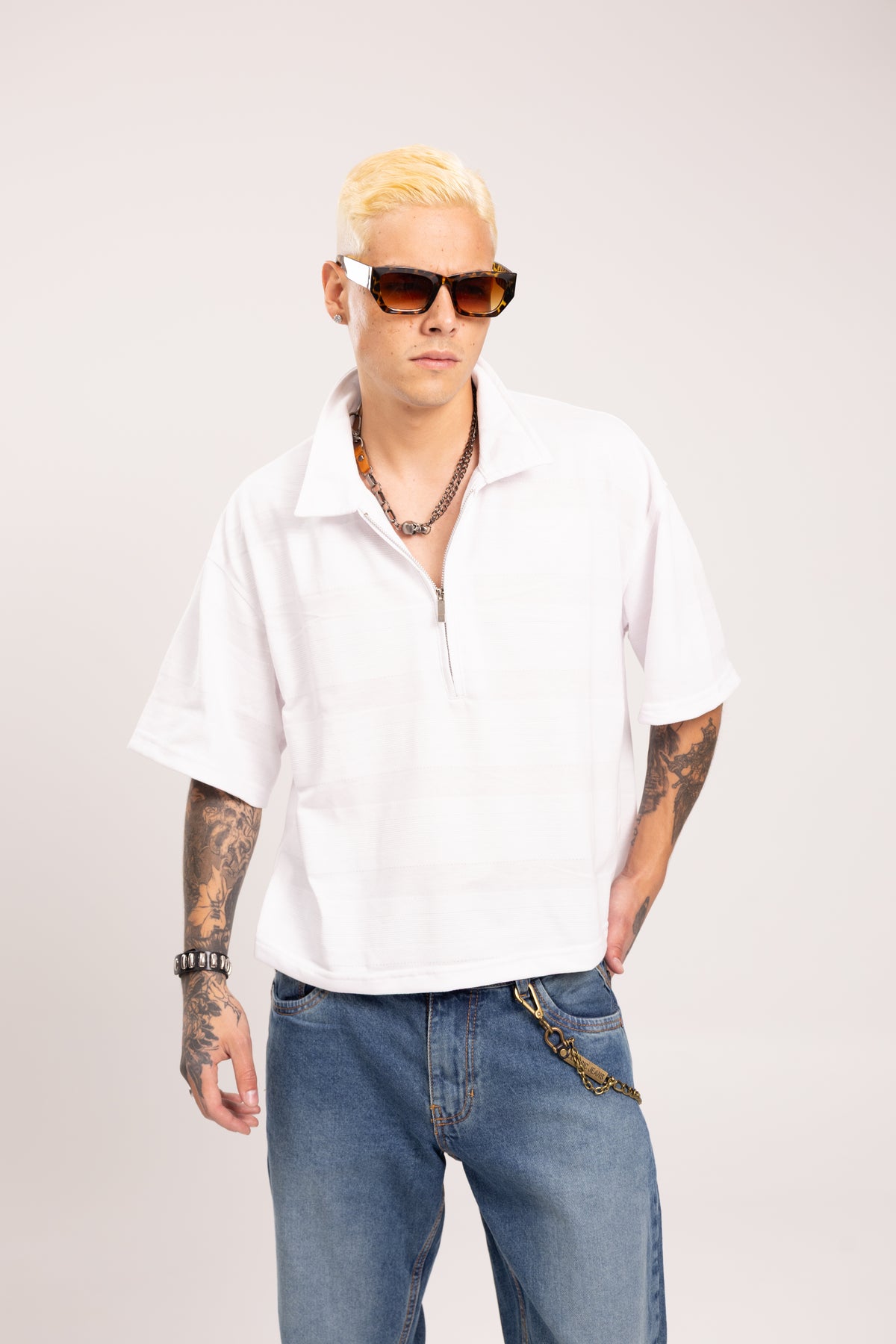 Camiseta Polo Boxy Fit con Media Cremallera para Hombre - Camisa Polo Oversize Texturizada Half-Zip Manga Corta Estilo Streetwear Minimal