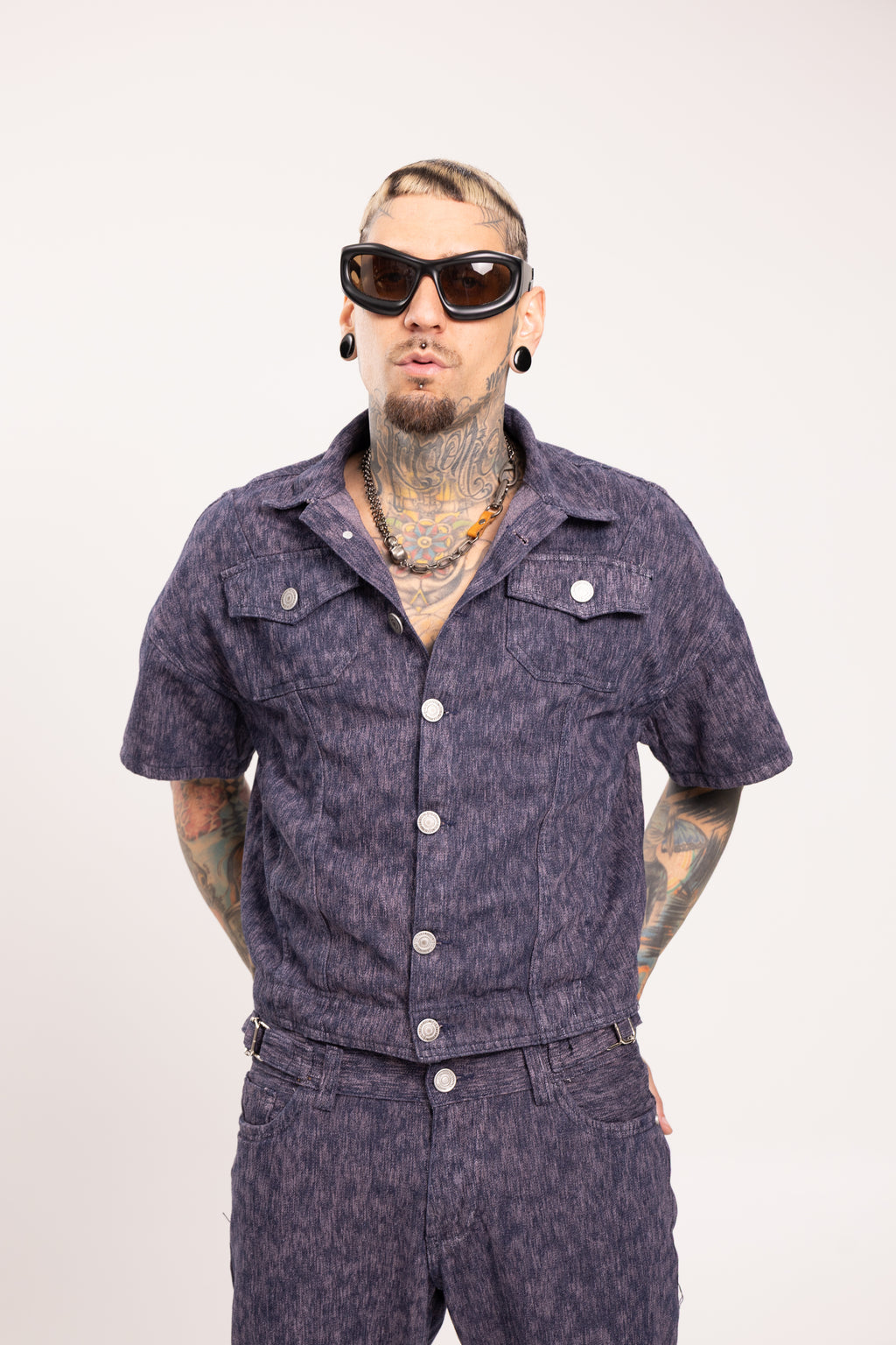Camisa Denim Manga Corta Boxy Fit para Hombre - Camisa Jacquard Azul Estilo Streetwear Crop Urbano