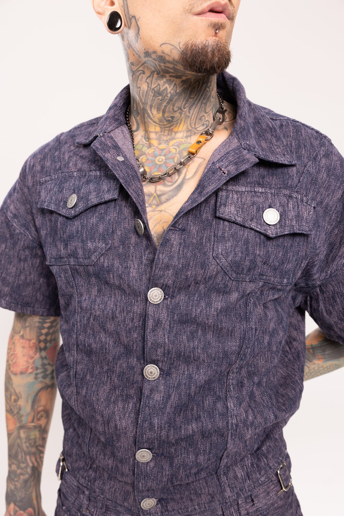 Camisa Denim Manga Corta Boxy Fit para Hombre - Camisa Jacquard Azul Estilo Streetwear Crop Urbano