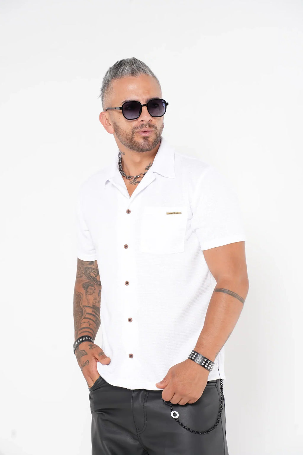 Camisa blanca Manga Corta Tejido Waffle - Estilo Casual Urbano