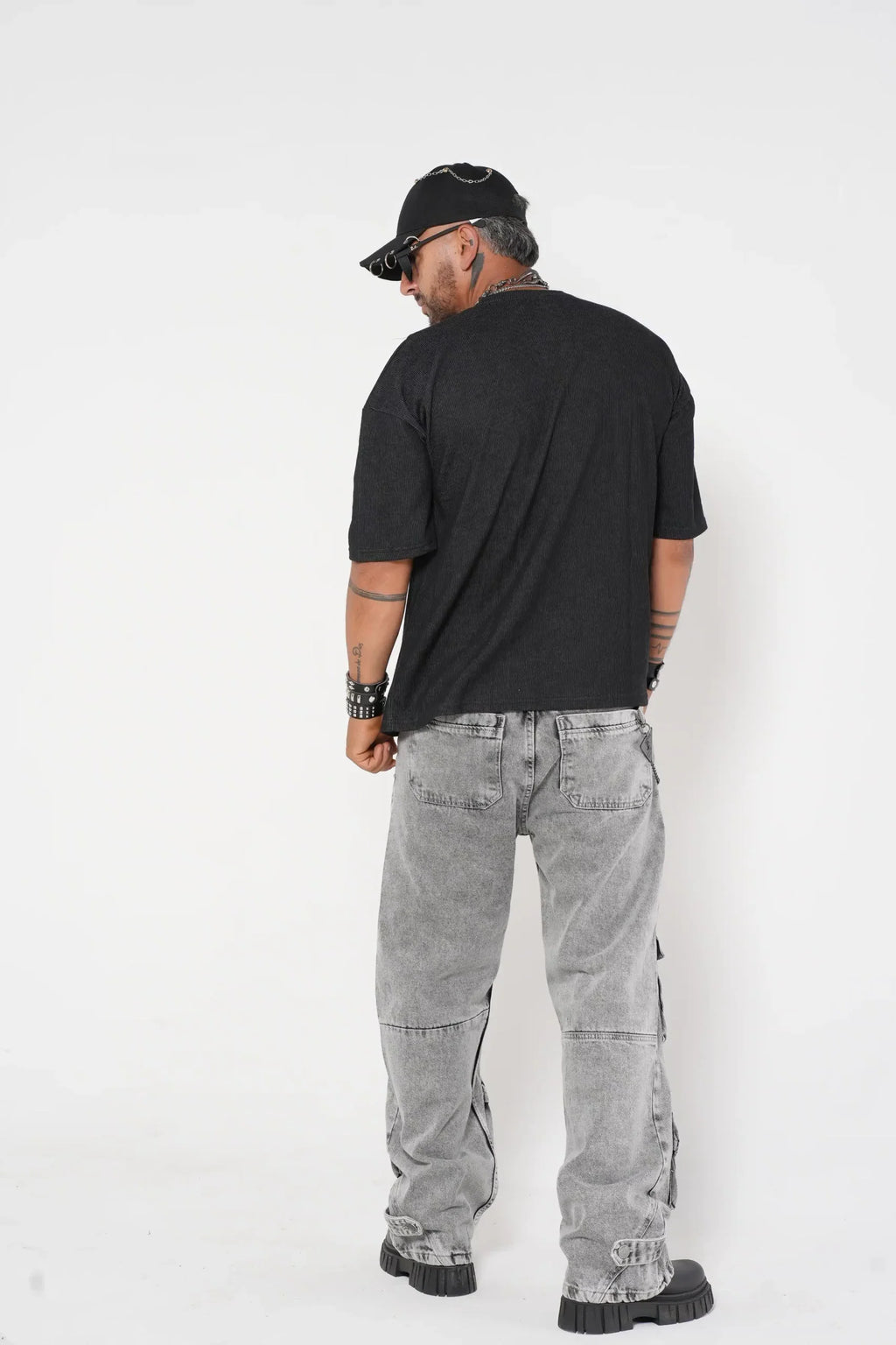 Pantalón Cargo Denim gris claro Lavado con Múltiples Bolsillos