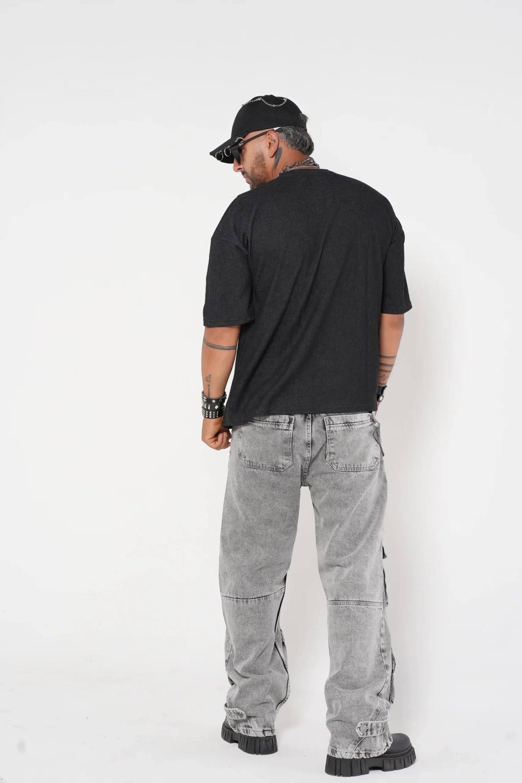 Pantalón Cargo Denim gris claro Lavado con Múltiples Bolsillos