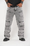Pantalón Cargo Denim gris claro Lavado con Múltiples Bolsillos