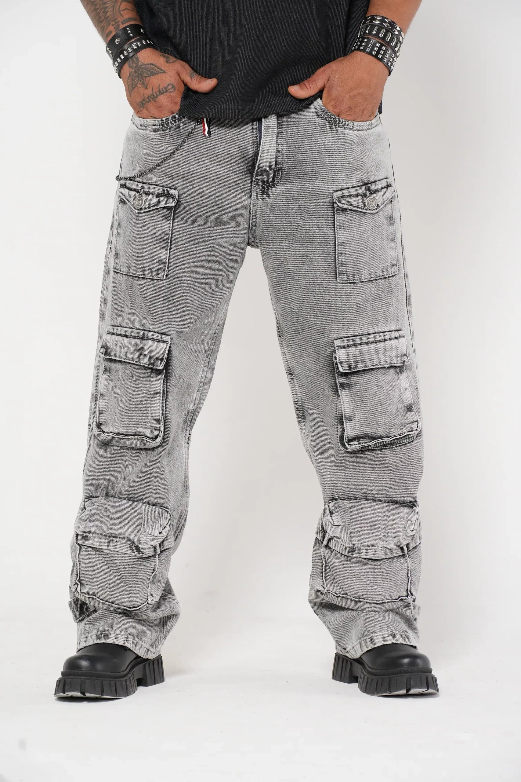 Pantalón Cargo Denim gris claro Lavado con Múltiples Bolsillos