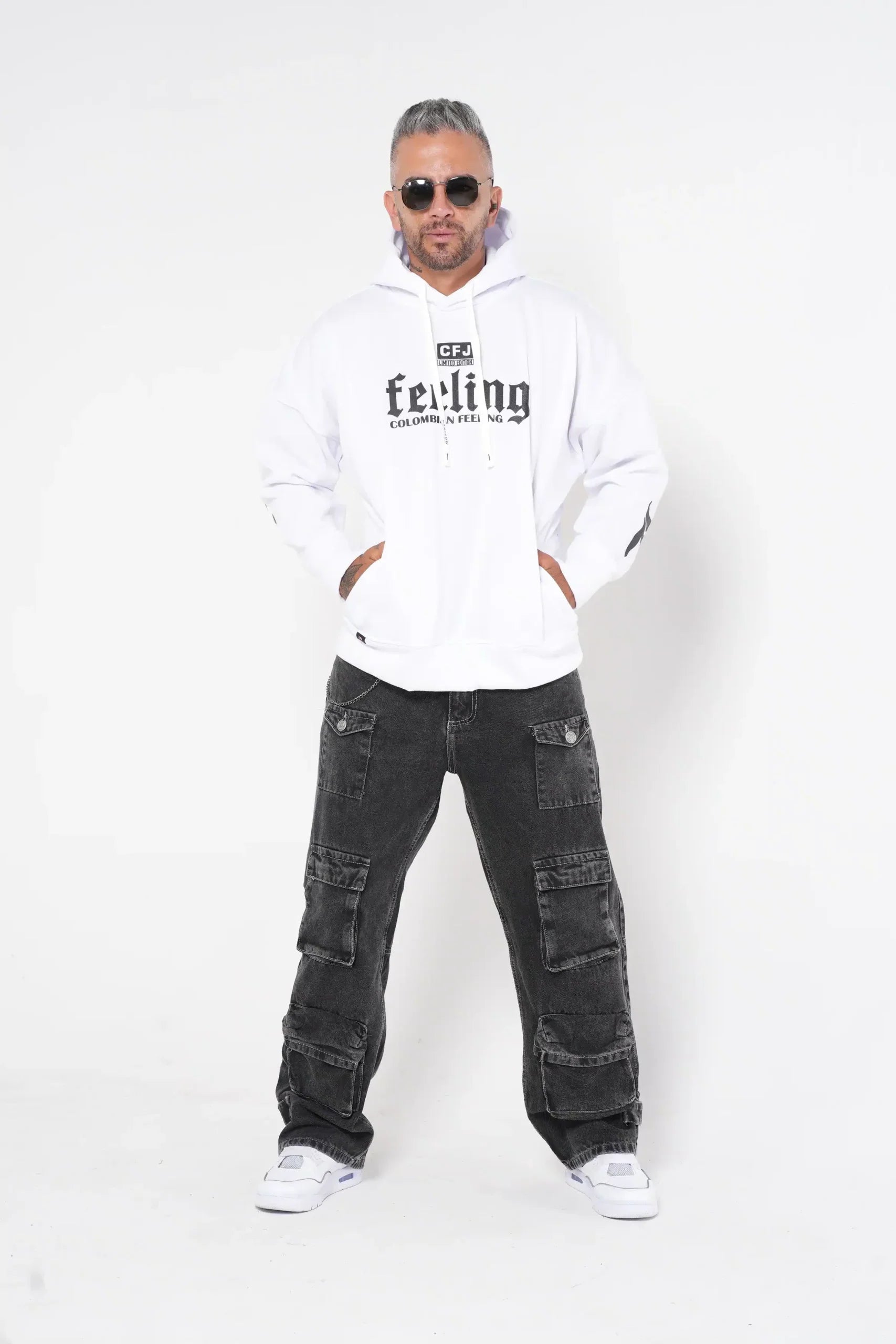 Pantalón Cargo Denim gris oscuro Lavado con Múltiples Bolsillos
