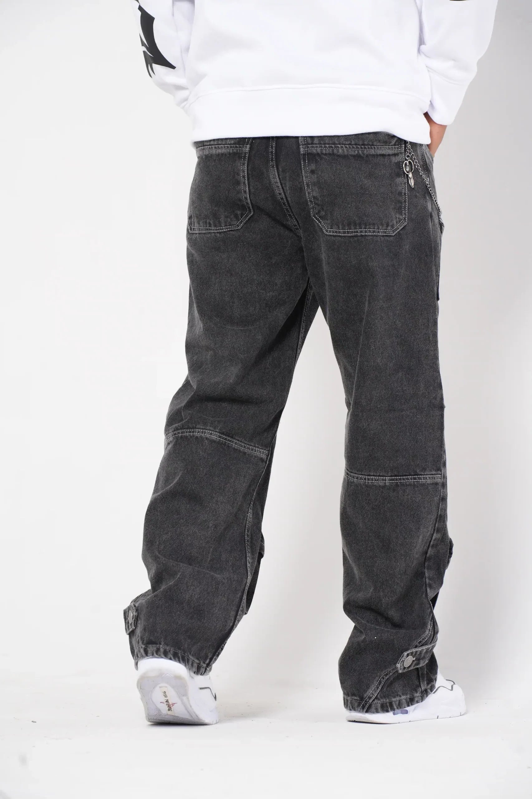 Pantalón Cargo Denim gris oscuro Lavado con Múltiples Bolsillos