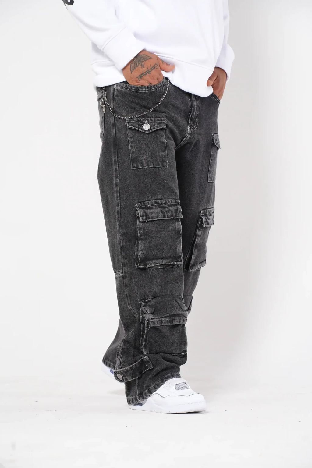 Pantalón Cargo Denim gris oscuro Lavado con Múltiples Bolsillos