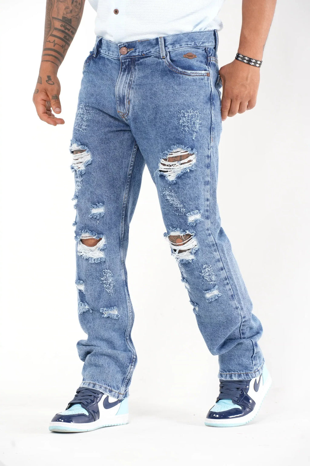 Jeans Rasgados Azul medio Estilo Streetwear con Cadena Decorativa