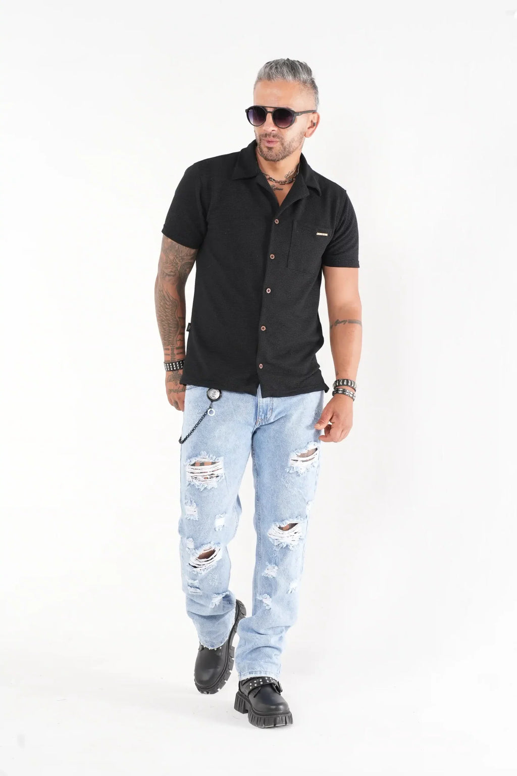 Camisa negra Manga Corta Tejido Waffle - Estilo Casual Urbano
