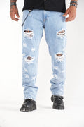 Jeans Denim Claro Rasgado con Cadena Decorativa