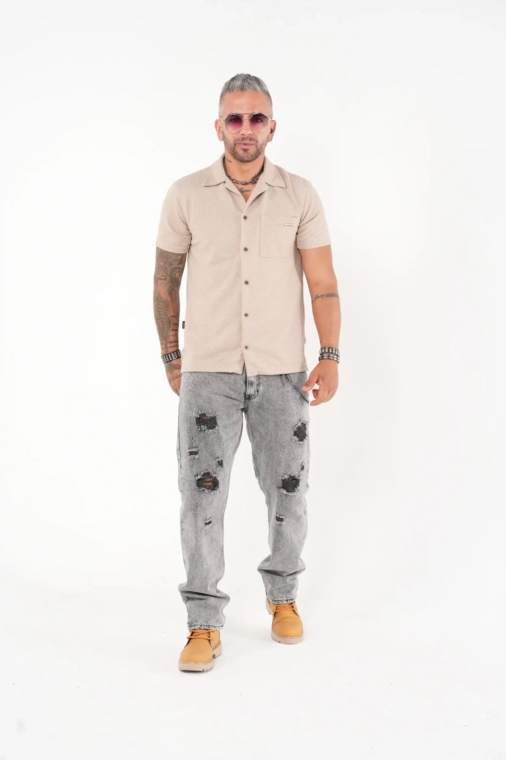 Camisa beige Manga Corta Tejido Waffle - Estilo Casual Urbano