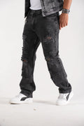 Jeans Rasgados Negro Lavado con Cadena Decorativa y Corte Relajado