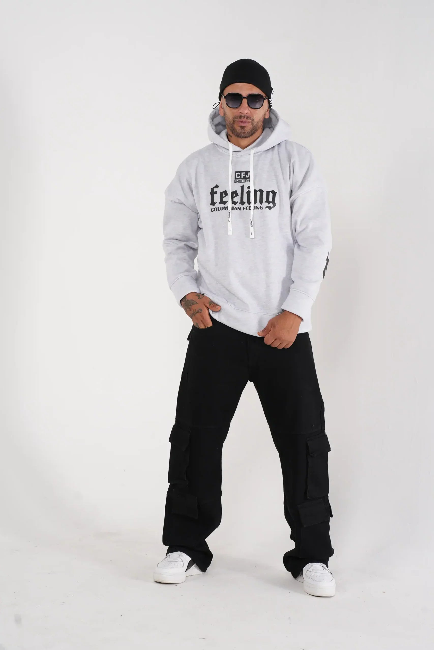 Buzo Hoodie gris claro con Capucha y Estampado "Colombian Feeling"
