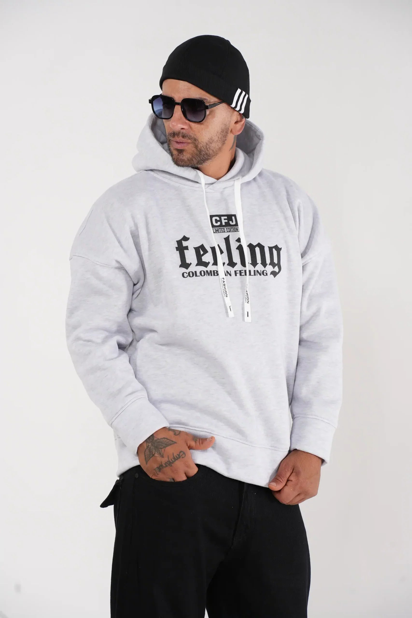 Buzo Hoodie gris claro con Capucha y Estampado "Colombian Feeling"