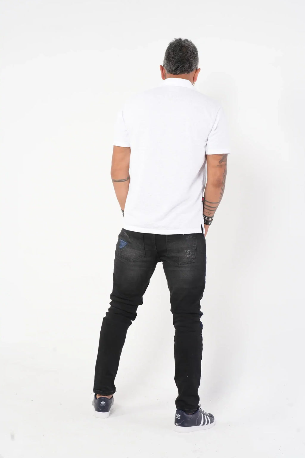 Jeans Skinny Fit Negro con Efecto Desgastado y Panel Lateral Azul