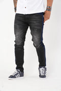 Jeans Skinny Fit Negro con Efecto Desgastado y Panel Lateral Azul