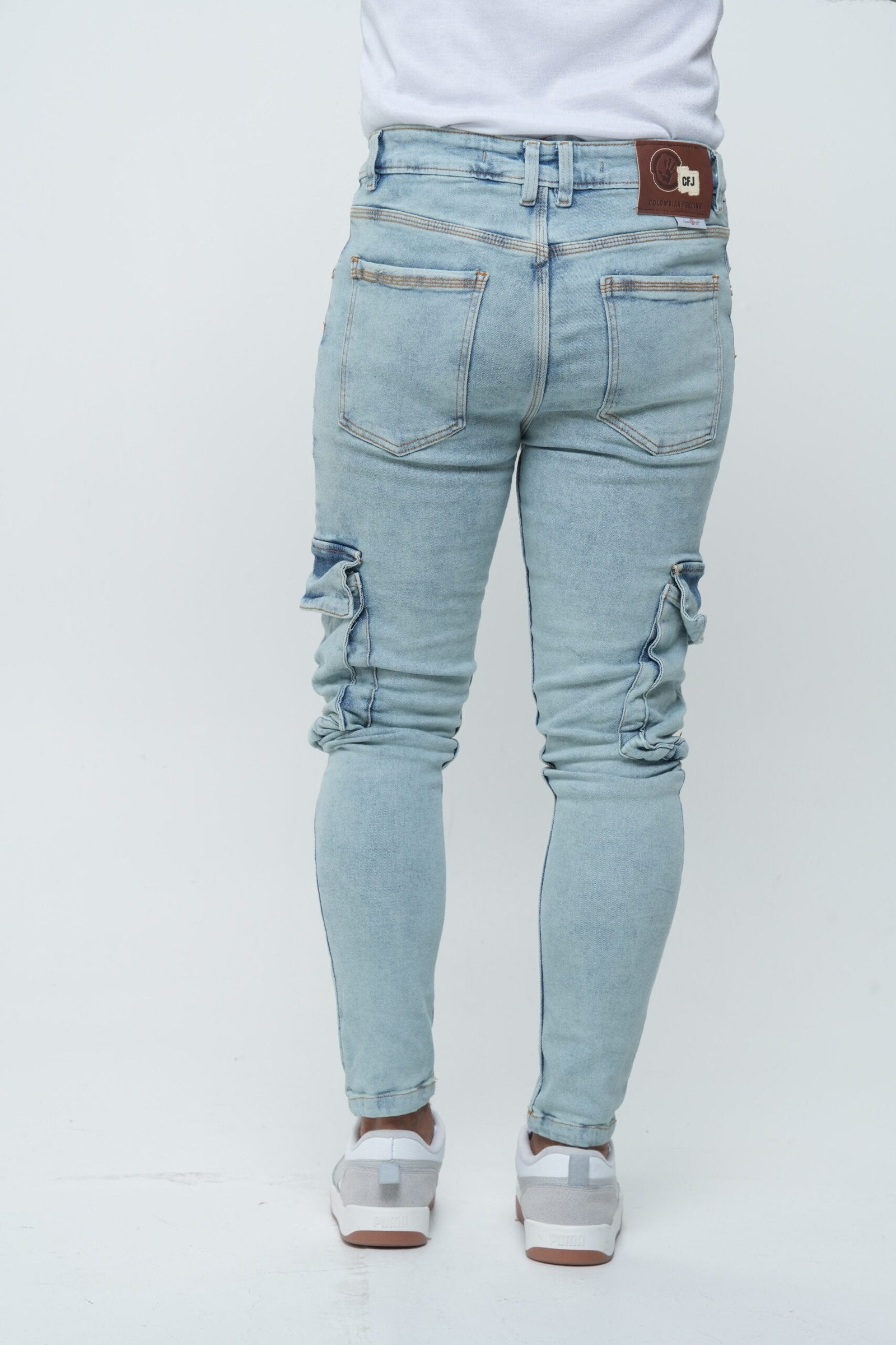 Jeans Hombre Slim Fit Tipo Cargo - Azul Medio con Bolsillos Laterales
