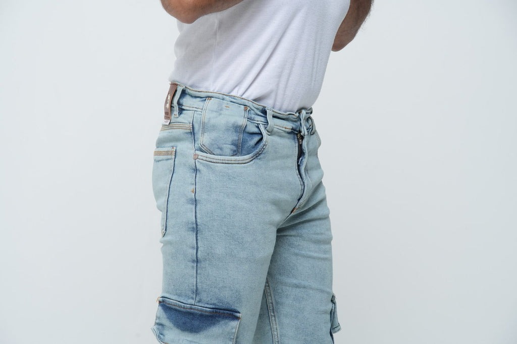 Jeans Hombre Slim Fit Tipo Cargo - Azul Medio con Bolsillos Laterales