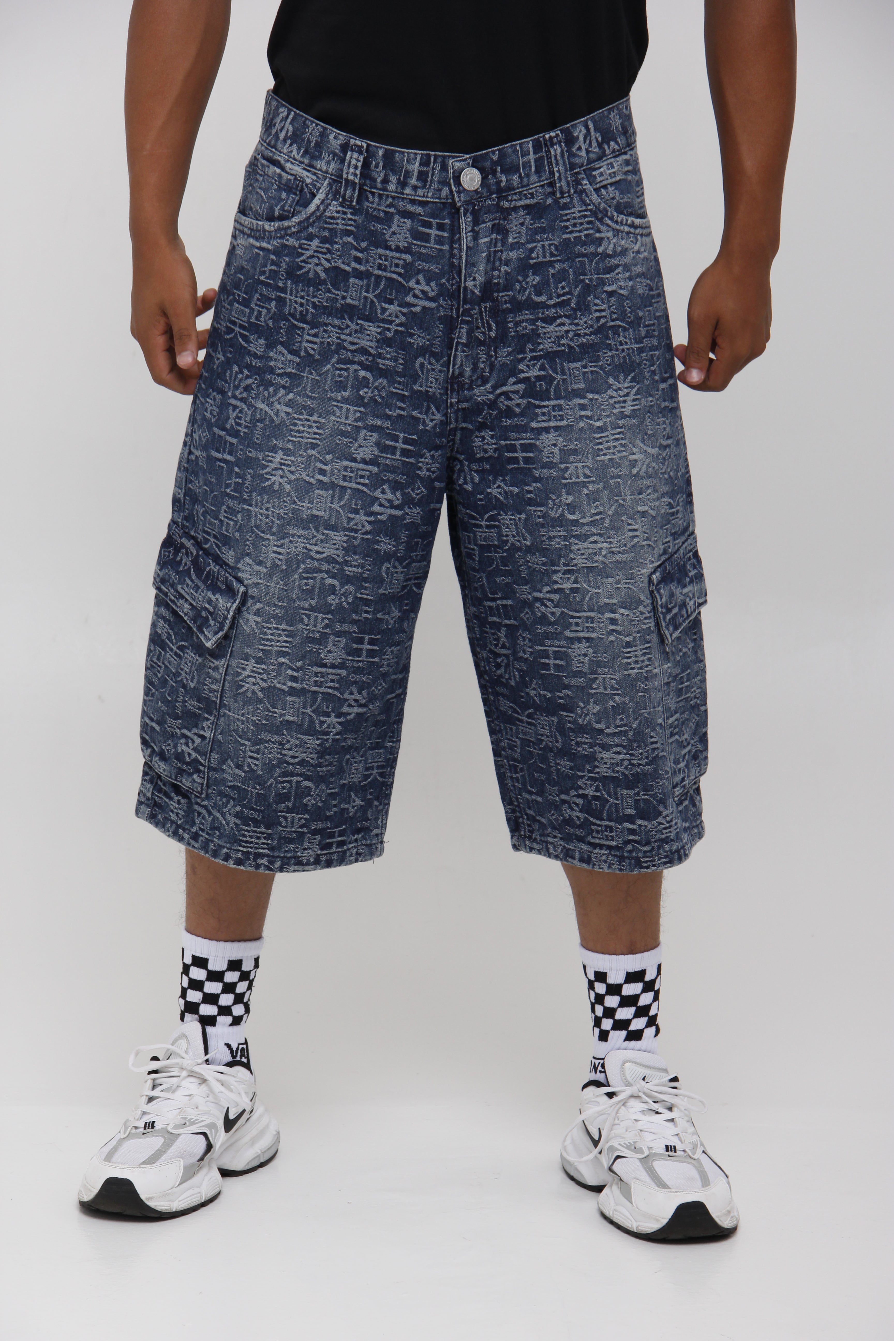 Jorts de Jean Cargo Azul Estampado Oriental para Hombre
