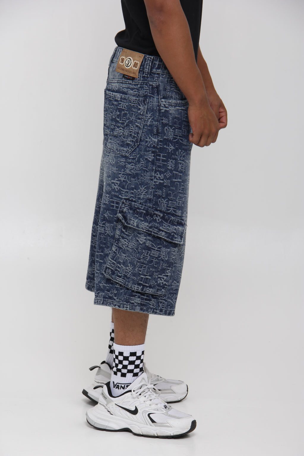 Jorts de Jean Cargo Azul Estampado Oriental para Hombre