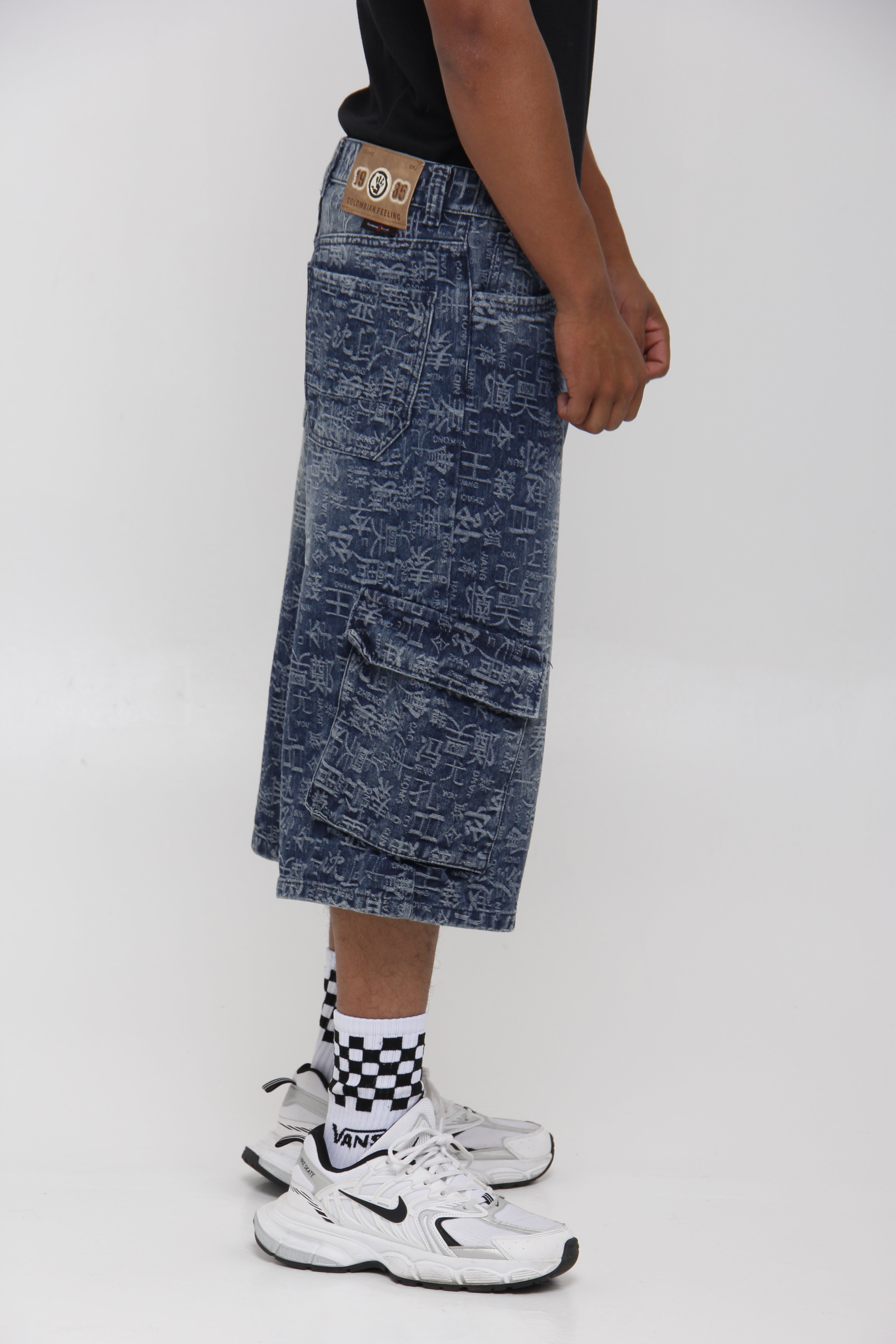Jorts de Jean Cargo Azul Estampado Oriental para Hombre
